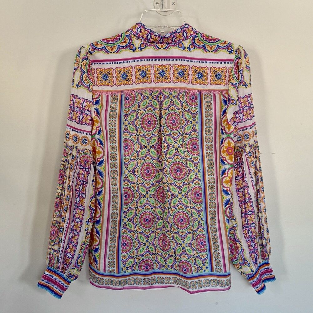 Hale Bob Trinia Medallion Print Cotton Button Front Blouse Bishop Sleeves Size S - Picture 10 of 13